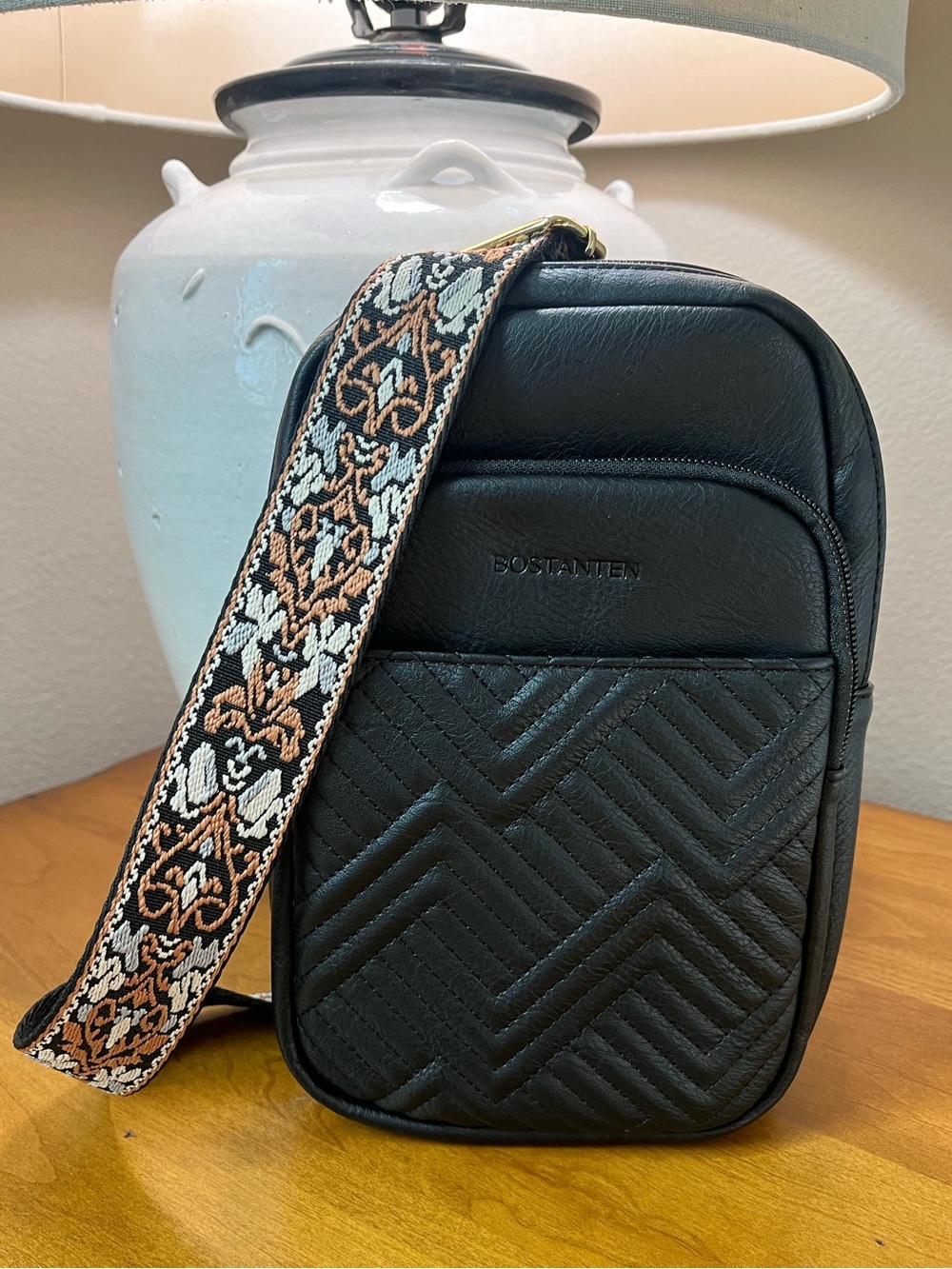 NWOT Black Quilted Crossbody Sling Bag with Embroidered Strap BY Bostanten
